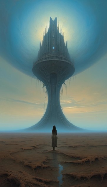 A surreal landscape showing a lone figure standing before a gigantic tree-like structure with a towering, cathedral-like top against a hazy blue sky. The ground appears barren and cracked with small pools of water reflecting the scene.