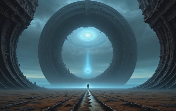 A solitary figure stands before a massive, circular alien structure with a bright beam of light shining from its center towards the sky, set in a desolate landscape under a cloudy sky.