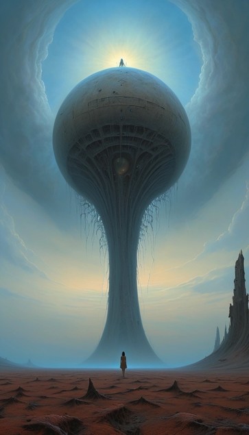 A person standing on a barren landscape looking at a massive tree-like structure with a dome top and another figure standing atop the structure. The environment appears to be alien or otherworldly, with a large, curved celestial body on the horizon
