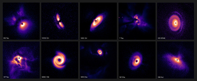 This selection from a new survey shows 10 discs from the three regions of our galaxy. V351 Ori and V1012 Ori are located in the most distant of the three regions, the gas-rich cloud of Orion, some 1600 light-years from Earth. DG Tau, T Tau, HP Tau, MWC758 and GM Aur are located in the Taurus region, while HD 97048, WW Cha and SZ Cha can be found in Chamaeleon I, all of which are about 600 light-years from Earth.
The images shown here were captured using the Spectro-Polarimetric High-contrast Exoplanet REsearch (SPHERE) instrument mounted on ESO’s Very Large Telescope (VLT). SPHERE’s state-of-the-art extreme adaptive optics system corrects for the turbulent effects of Earth’s atmosphere, yielding crisp images of the discs around stars. The stars themselves have been covered with a coronagraph — a circular mask that blocks their intense glare, revealing the faint discs around them. The discs have been scaled to appear roughly the same size in this composition.
Credit: ESO/C. Ginski, A. Garufi, P.-G. Valegård et al.
