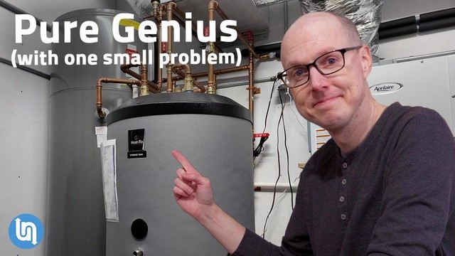 Matt Ferrell pointing at a Rheem water heater with added heat pump