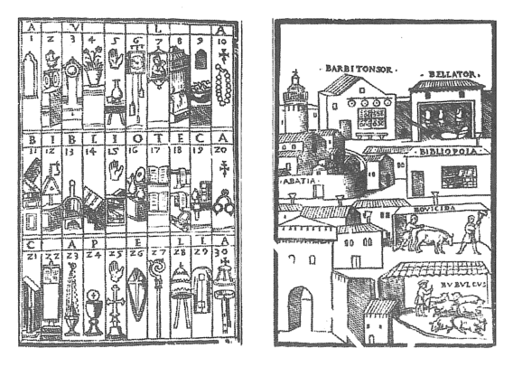 A woodcut, depicting a memory an early memory aid called The Abbey Memory System. Created in 1553 by Johannes Romberch.