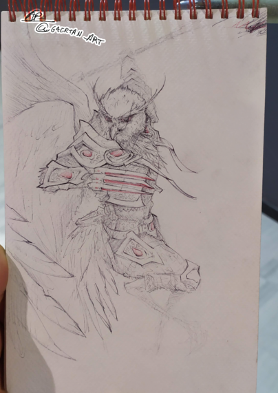 pen drawing of an anthropomorphic eagle, side profile, who is wearing fantasy mail armor with gem and ornate embellishments, wielding a claw fist weapon and is swinging an unidentified pole weapon,while looking towards the camera.