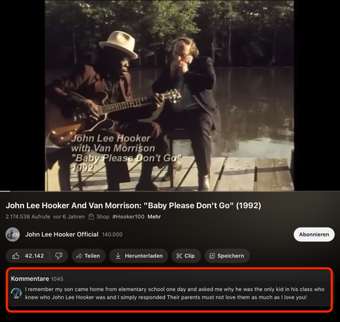 Screenshot YouTube:
Baby Please don't Go
With John Lee Hooker and Van Morrison.
Text from comment highlighted.