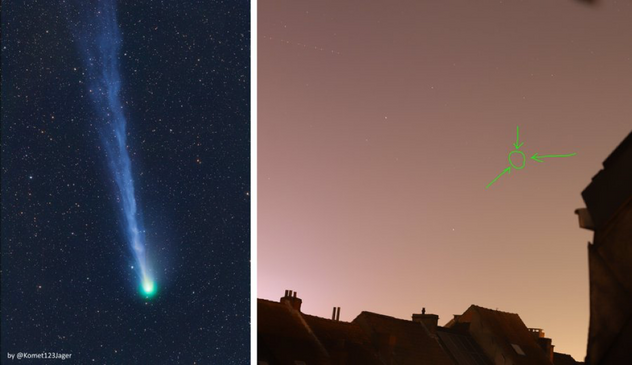 Left: zoomed in photograph by @Komet123Jager of comet 12P Pons-Brooks, with bright green nucleus and bluish white tail. Right: wide view from Ghent, with a lot of light pollution. The position of the comet is indicated by a green circle, and just visible as a blurry patch.