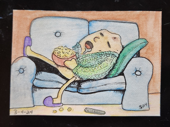 Watercolor painting of a potato in a cardigan and slippers that fell asleep on the couch with popcorn