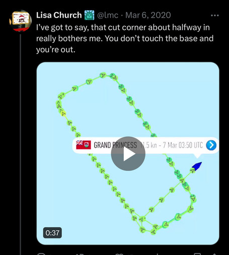 screenshot of a tweet from March 6, 2020 showing the Grand Princess line circling outside the Golden Gate before it came into the bay, bringing its ship full of Covid with it.
