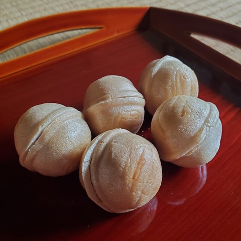 Monaka in the shape of bells (filled with delicious chestnut paste).