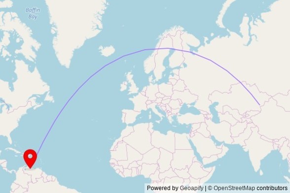 A map showing the great circle route from Sarqan in Kazakhstan to a map pin at Iglesia de Sagrado Corazón de Jesús, Avenida Principal de San Isidro, Tinaquillo 2209, Cojedes State, Venezuela