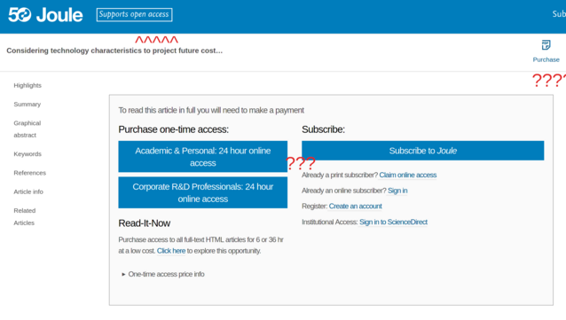 Screenshot of scientific magazine Joule, with banner "Supports open access", a "Purchase" button, and various purchase options