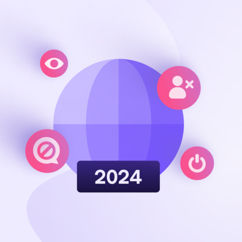 An illustration of a globe and floating icons of an eye, censored speech, cancelled person and power button and the label '2024'