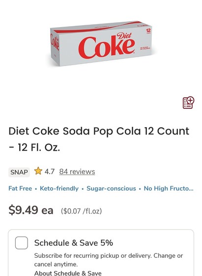 A 12 pack of Diet Coke selling for $9.49 plus tax at a discount grocery store.
