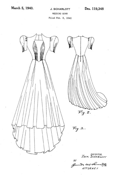 design patent drawings disclosing a long wedding gown with a small train, short sleeves, and a basque waist