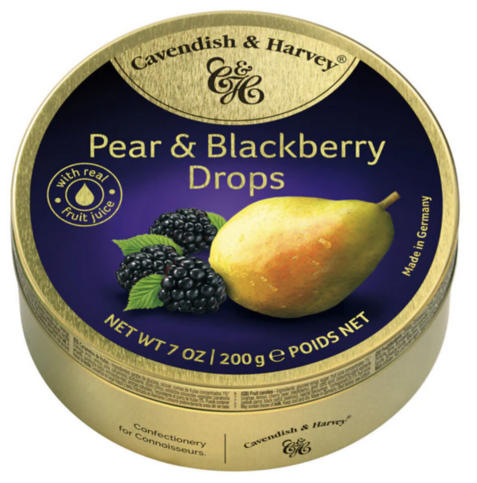 Traditional round metal sweet tin decorated with pear and blackberries design, labelled  "Cavendish and Harvey Pear & Blackberry Drops"

