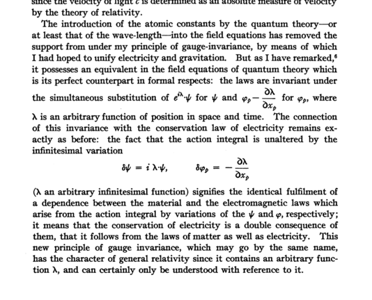 A passage from the paper where Weyl refers to "my principle of gauge-invariance."