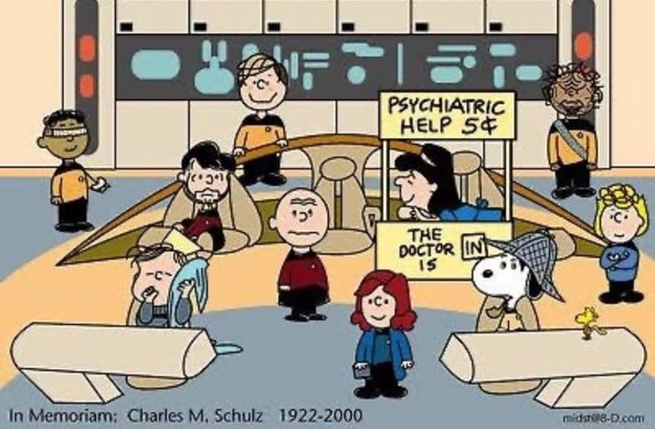 Cartoon of the Star Trek Next Generation Bridge, populated by Peanuts Characters
