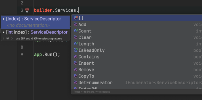 JetBrains Rider code completion with new icons.