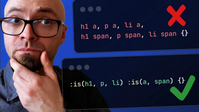 Picture of Zoran Jambor touching his beard with the left hand, on the left.
On the right, two browser windows with code:
First with red cross at the end: h1 a, p a, li a, h1 span, p span, li span {} 
Second with green check at the end: :is(h1, p, li) : is(a, span) {} 