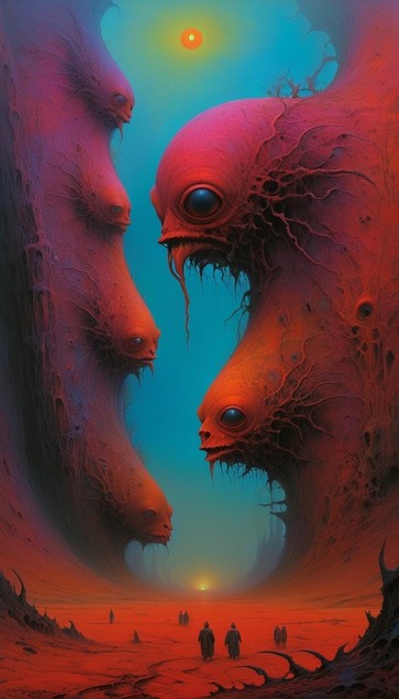 Surreal artwork depicting two large alien-like creatures facing each other against a blue sky with a central sun, while human figures stand in a vast red landscape below.