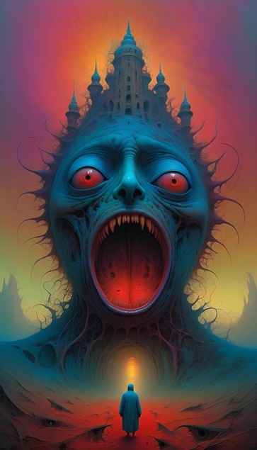 Surreal artwork featuring a monstrous face with a gaping mouth and large eyes, with a small figure standing before it and an ornate tower in the background, all set against a vibrant, colorful backdrop.