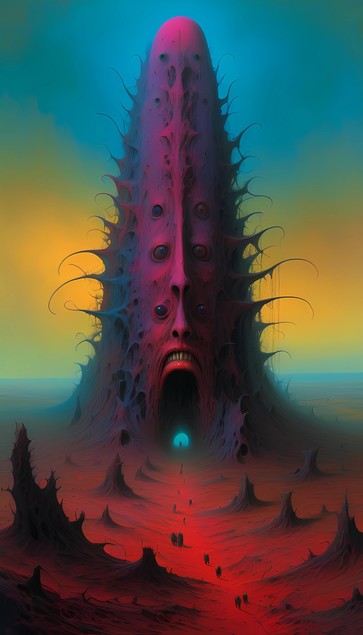 Surreal landscape with a large, towering structure resembling a face with multiple eyes and tendrils against a gradient sky.