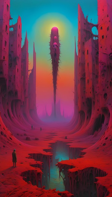 Surreal, alien landscape with towering red structures, a glowing sky gradient, and a solitary figure standing on a cliff.