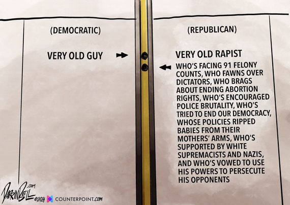 We see both sides of the ledger:
<left> 
(DEMOCRATIC)
VERY OLD GUY --->
<right>
(REPUBLICAN)
VERY OLD RAPIST
<--- WHO'S FACING 91 FELONY COUNTS, WHO FAWNS OVER DICTATORS, WHO BRAGS ABOUT ENDING ABORTION RIGHTS, WHO'S ENCOURAGED POLICE BRUTALITY, WHO'S TRIED TO END OUR DEMOCRACY, WHOSE POLICIES RIPPED BABIES FROM THEIR MOTHERS' ARMS, WHO'S SUPPORTED BY WHITE SUPREMACISTS AND NAZIS, AND WHO'S VOWED TO USE HIS POWERS TO PERSECUTE HIS OPPONENTS 