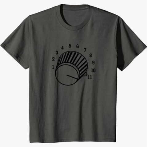 Dark grey t-shirt showing a volume dial turned to "11"