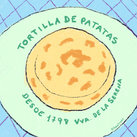 Ilustración de una tortilla de patatas sobre un plato verde que está sobre un mantel de cuadros azules. Alrededor de la tortilla se lee "Tortilla de patatas. Desde 1978. Villanueva de la Serena".