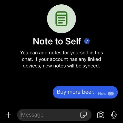Screenshot of Signal’s Note to Self with a note that says: “Buy more beer.”