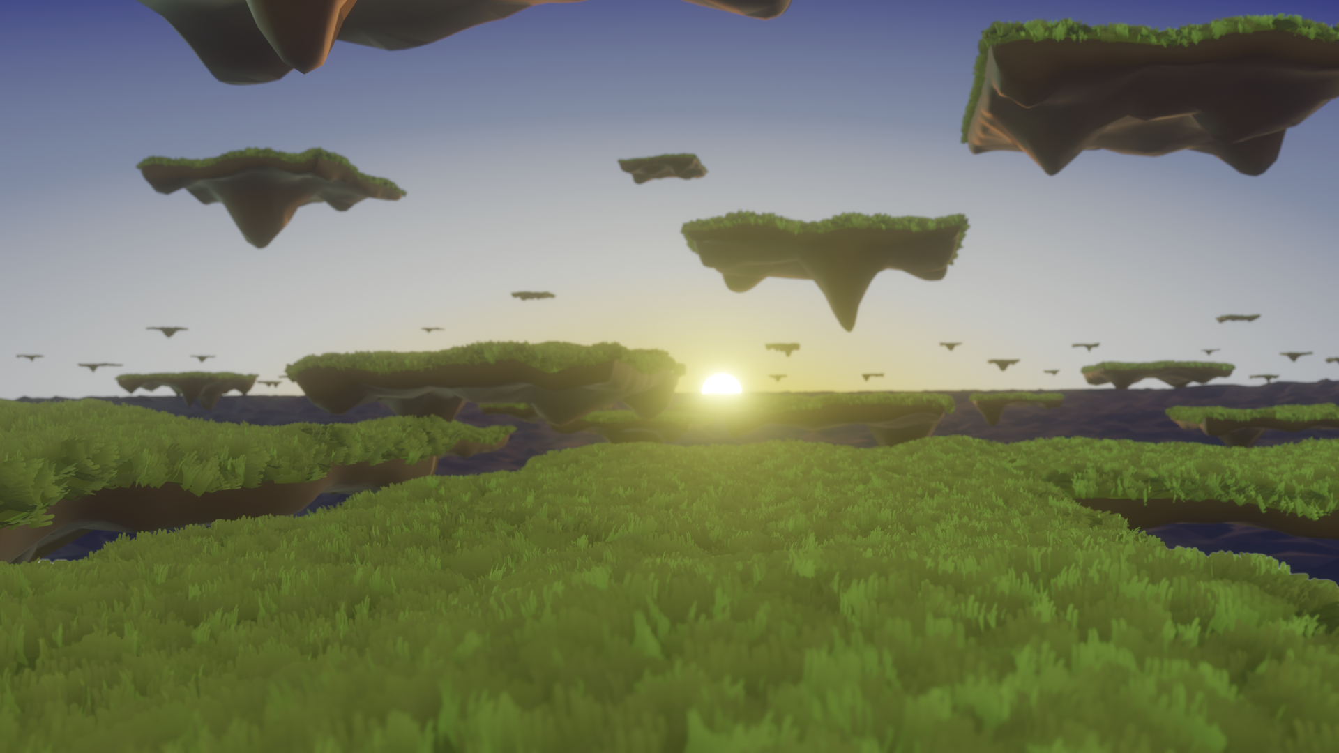 A scene depicting a grassy plane at sunset. The plane is broken into square segments, which are floating up into the sky, revealing an ocean beneath