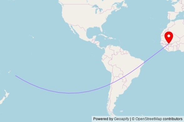 A map showing the great circle route from Fua'amotu in Tonga to a map pin at SAWIYA DRISSA KONATE, Route Nationale Bamako - Koulikoro, Kati, Mali