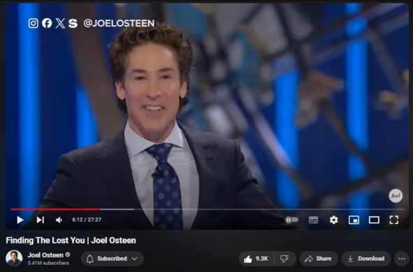 Finding The Lost You | Joel Osteen
https://www.youtube.com/watch?v=PCRFr20Aqqo

224,615 views  4 Mar 2024  #JoelOsteen
You may feel like you've lost yourself, but the good news is, you can find yourself again. God is about to breathe new life into you. 

🛎Subscribe to receive weekly messages of hope, encouragement, and inspiration from Joel! http://bit.ly/JoelYTSub 

Follow #JoelOsteen on social:
Twitter: http://Bit.ly/JoelOTW
Instagram: http://BIt.ly/JoelIG
Facebook: http://Bit.ly/JoelOFB#LakewoodChurch 

Thank you for your generosity! To give, visit https://joelosteen.com/give