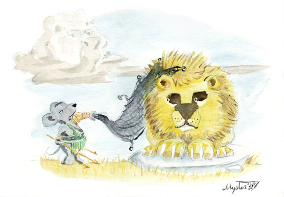 Aquarelle par Myster Ty : "Le roi lion et le rat-gliateur". Un rat gladiateur jette son filet sur un lion qui prend un bain de soleil sur une pierre dans la savane. Dans le ciel, un nuage en forme de lion regarde la seine.