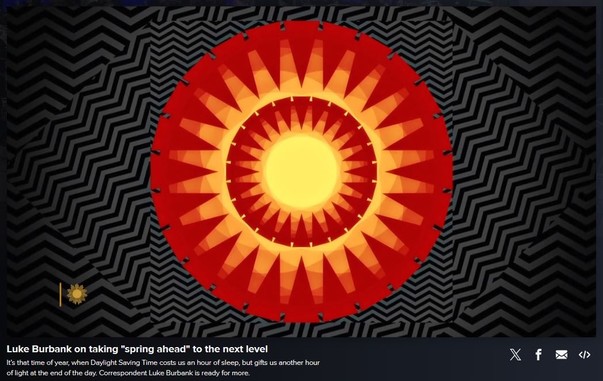 A vibrant circular geometric pattern with rays emanating outwards dominates the center against a black and white zigzag background. The central pattern resembles a stylized sun with a yellow core and red pointed edges.