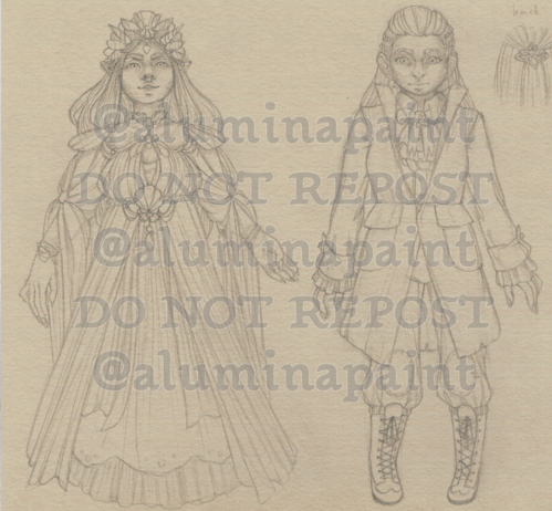 clean sketches of two characters in old-fashioned, fancy clothing. The character on the left is wearing an intricate dress and the one on the right a suit. both have long hair and wear jewelry.