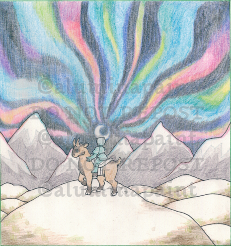 a far-away shot of a character riding a mountain goat, looking away from the viewer to watch the moon and aurora borealis. They are in the snowy mountains.