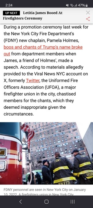 Trump himself claimed innocence in the trial, as he has done for all of the legal battles he is currently embroiled in, and accused prosecutors of attempting to harm his electoral chances in the 2024 presidential election. In response, some of his supporters have echoed his discontent in various ways.

During a promotion ceremony last week for the New York City Fire Department's (FDNY) new chaplain, Pamela Holmes, boos and chants of Trump's name broke out from department members when James, a friend of Holmes', made a speech. According to materials allegedly provided to the Viral News NYC account on X, formerly Twitter, the Uniformed Fire Officers Association (UFOA), a major firefighter union in the city, chastised members for the chants, which they deemed inappropriate given the circumstances.