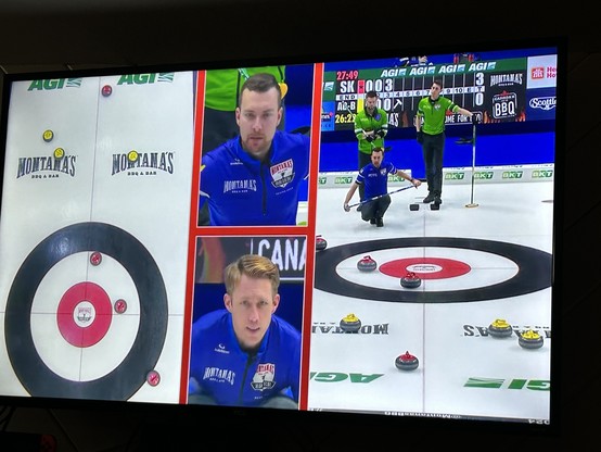TV screen showing a curling match with multiple inset close-up views of players and the scoreboard visible in the background.