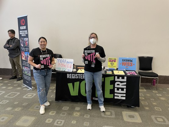 Third day of SXSW credential registration day, at the Convention Center. This is the first year HeadCount officially partners with SXSW to do voter registration. We’ll be at a bunch of events this week.