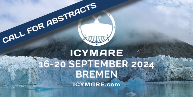 logo of the ICYMARE conference in front of a glacier together with the date of the conference 16-20 september 2024 in Bremen. A banner in the upper left coner reading "call for abstracts"