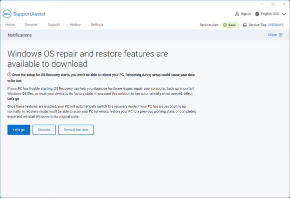 Screenshot of Dell SupportAssist offering to install Windows OS repair and restore features. 