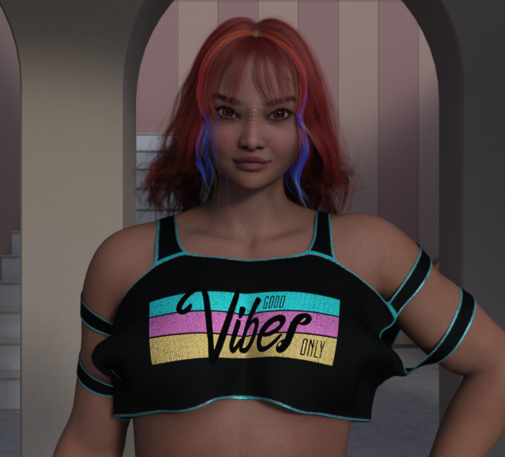 Seta wearing a crop shirt with the slogan "Good Vibes Only"