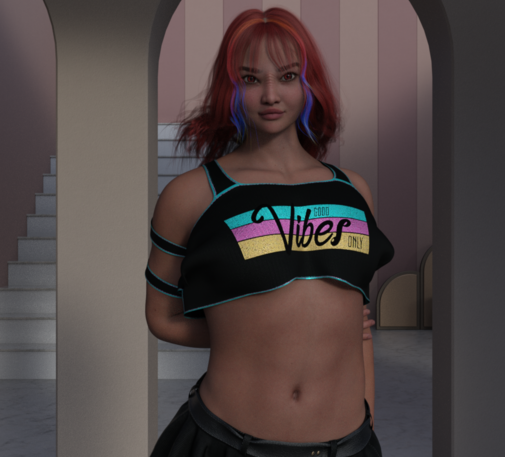 Seta wearing a crop shirt with the slogan "Good Vibes Only"
