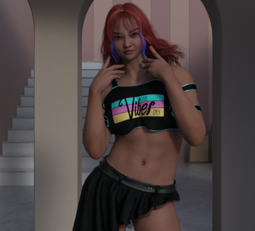 Seta wearing a crop shirt with the slogan "Good Vibes Only"
