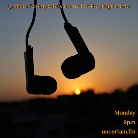 Silhouette of two earbuds dangle from the top of the image, a blurred horizon takes the bottom middle third of the image, the sun just peeking over the horizon.

Orange text overlaid promoting a radio show, details in the main post.