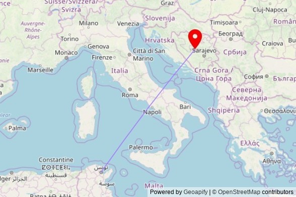 A map showing the great circle route from Tunis in Tunisia to a map pin at Kapela, R 413a, 72270 Travnik, Bosnia and Herzegovina