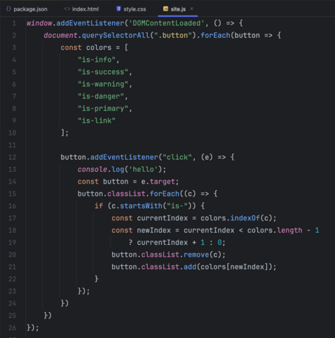 JavaScript code for a button click handler that rotates classes