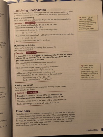 A page of a textbook describing how to combine/propagate errors in calculations. The book says to add the errors, absolute or relative depending on whether you are considering sums or products, respectively.