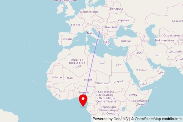 A map showing the great circle route from Travnik in Bosnia and Herzegovina to a map pin at Salão do Reino das Testemunhas de Jeová, EN 3, Trindade, São Tomé and Príncipe